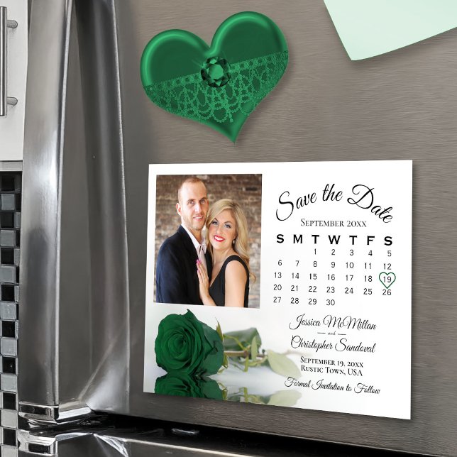 Invitation Magnétique Emerald Rose Calendrier Photo Enregistrer la date  (Convenient magnetic back)