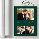 Invitation Magnétique Émeraude verte minime 3 photos Émeraude Économisez<br><div class="desc">Cette carte magnétique simple et minimaliste Save the Date comporte une photo horizontale au-dessus des mots "Save the Date" dans un élégant script d'écriture dorée, suivi des noms du couple, date mariage et ville en sans serif police sur un arrière - plan vert émeraude. Deux photos carrés plus petites apparaissent...</div>