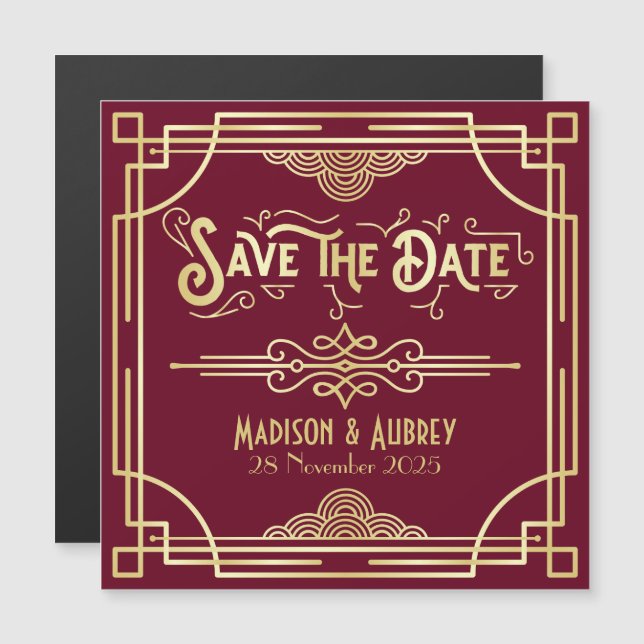 Invitation Magnétique Enregistrer la date Art Déco Gatsby Gold Burgundy (Devant / Derrière)