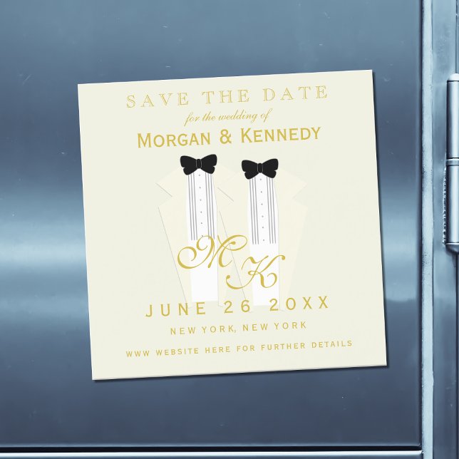 Invitation Magnétique Enregistrer la date Tuxedo Bow Cravate Groom Maria (Add your details to this cream tuxedo themed Save the Card Magnetic Card.)