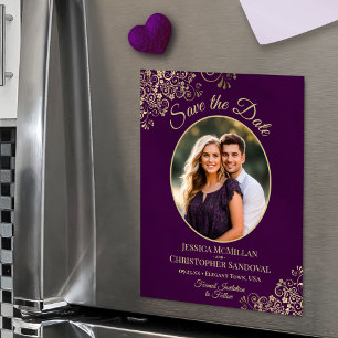 Invitation Magnétique Enregistrez la date de mariage ovale photo violet