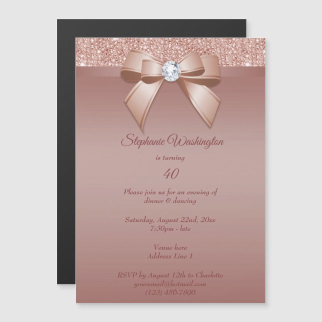 Invitation Magnétique Étincelles & Glamor, Rose Gold Birthday Party (Devant / Derrière)