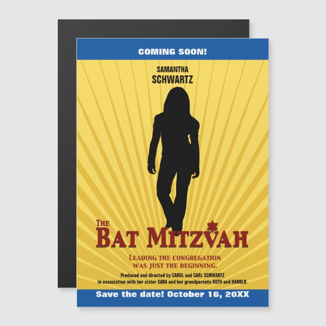 Invitation Magnétique Étoile de cinéma Bat mitzvah Sauvez le bleu jaune (Devant / Derrière)