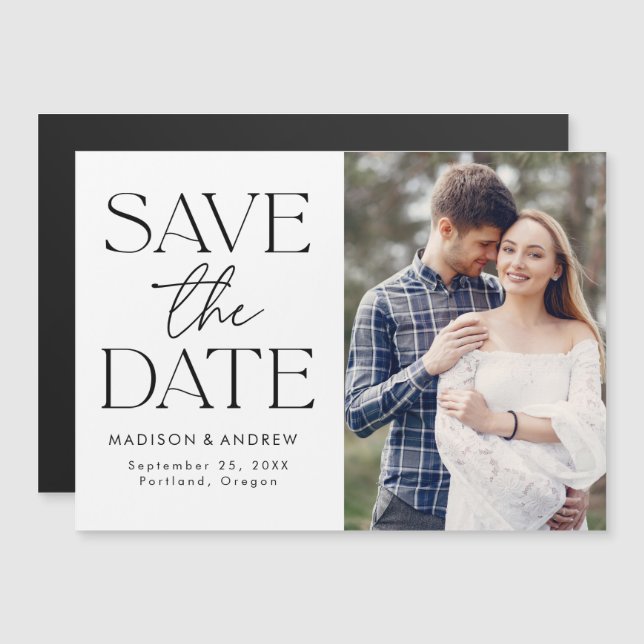 Invitation Magnétique Faire part de date de mariage | Typographie modern (Devant / Derrière)