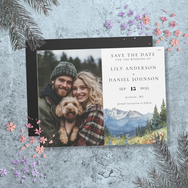 Invitation Magnétique Faire part de mariage avec photo de fleurs de mont (Mountain Floral Photo Wedding Save The Date Magnetic Invitation)