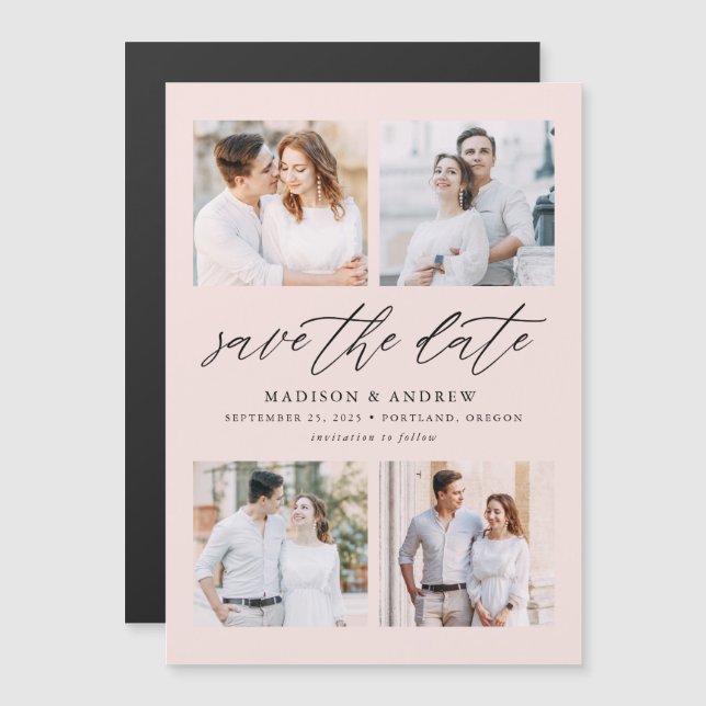 Invitation Magnétique Faire part de mariage élégant écriture Blush 4 Pho (Devant / Derrière)