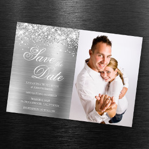 Invitation Magnétique Faire part de photo argenté pailleté à conserver