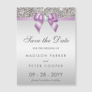 Invitation Magnétique Faux Séquins Argent Lilac Bow Enregistrer La Date