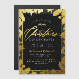 Invitation Magnétique Festif Gold Foil & Black Christmas Dinner Party