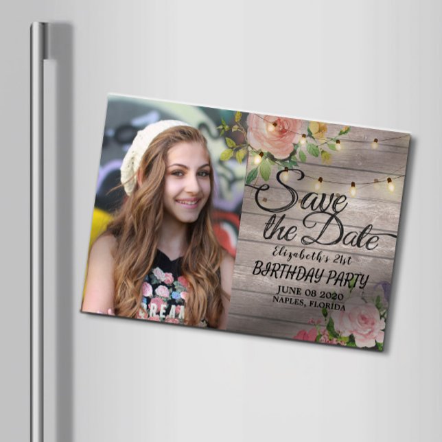 Invitation Magnétique Fête Anniversaire Économisez La Date Fleurs Lumièr (Créateur téléchargé)