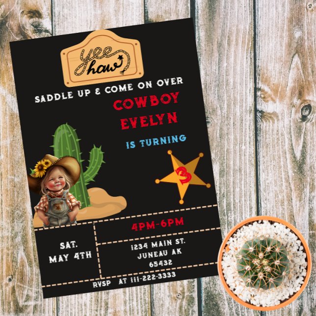 Invitation Magnétique Fête Cowboy Cactus Anniversaire Fille (Créateur téléchargé)