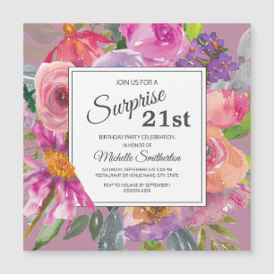 Invitation Magnétique Fête d'anniversaire 21 ans carré Fleur sauvage ros