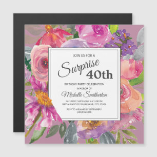 Invitation Magnétique Fête d'anniversaire 40 ans Carré Fleur sauvage Ros