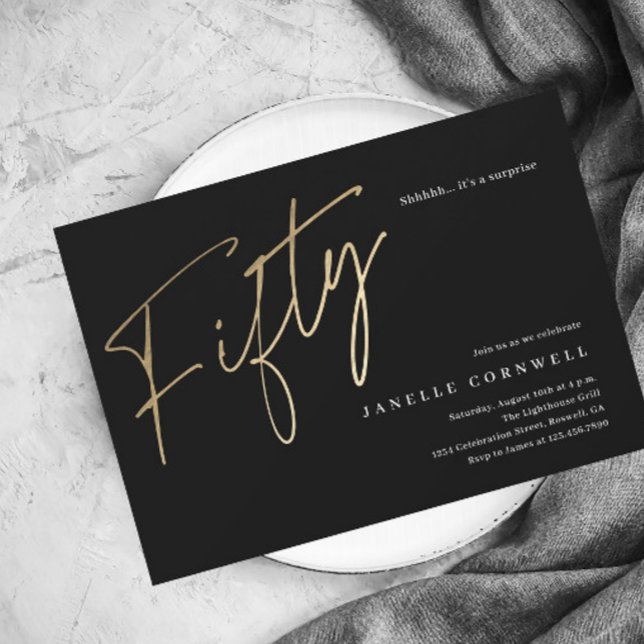 Invitation Magnétique Fête d'anniversaire 50 ans Minimal Script Noir Or (Créateur téléchargé)
