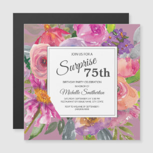 Invitation Magnétique Fête d'anniversaire 75 ans Carré Fleur sauvage Ros