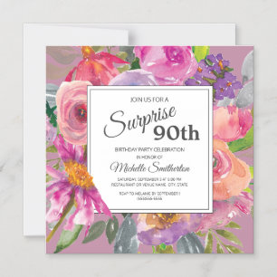 Invitation Magnétique Fête d'anniversaire 90 ans carré Fleur sauvage ros