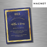 Invitation Magnétique fête d'anniversaire bleu or année naissance luxe<br><div class="desc">Un arrière - plan bleu foncé,  bleu marine. La couleur bleue est inégale. Avec un cadre en faux or et des confettis dorés saupoudrés,  des lettres de couleur dorée. Personnalisez et ajoutez l'année de naissance,  le nom,  les détails de la fête.</div>