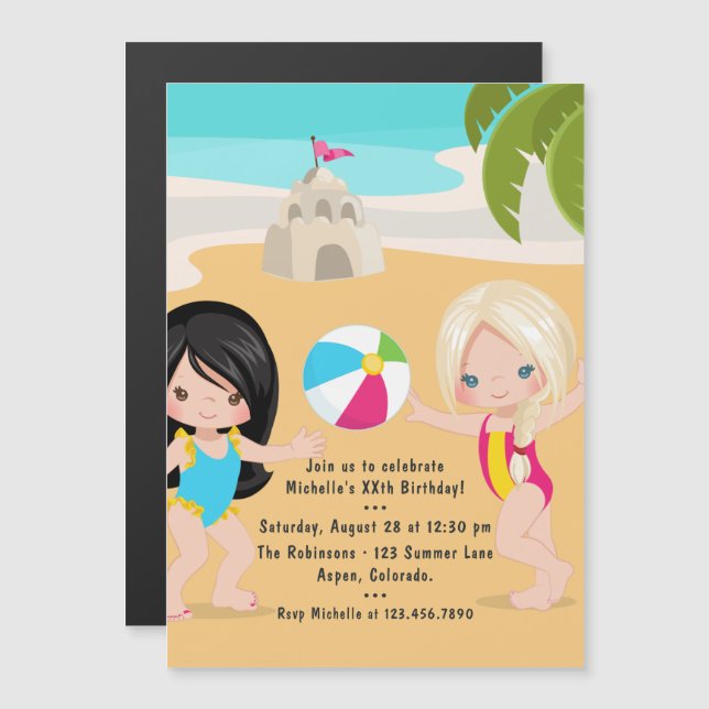 Invitation Magnétique Fête d'anniversaire de fille de plage d'été (Devant / Derrière)