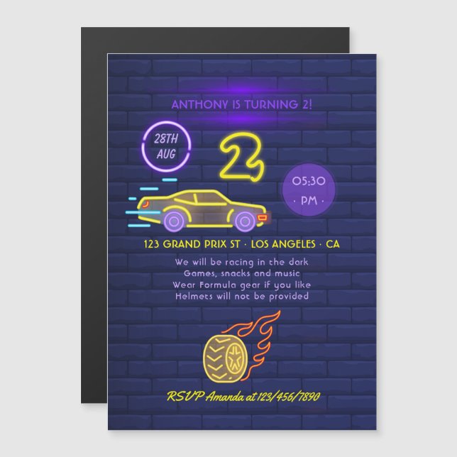 Invitation Magnétique Fête d'anniversaire de garçon sur le thème de voit (Devant / Derrière)