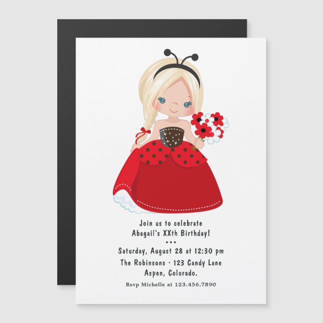 Invitation Magnétique Fête d'anniversaire de la princesse coccinelle con (Devant / Derrière)