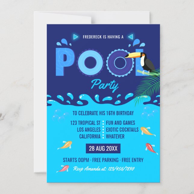 Invitation Magnétique Fête d'anniversaire de piscine d'été bleu royal (Recto)