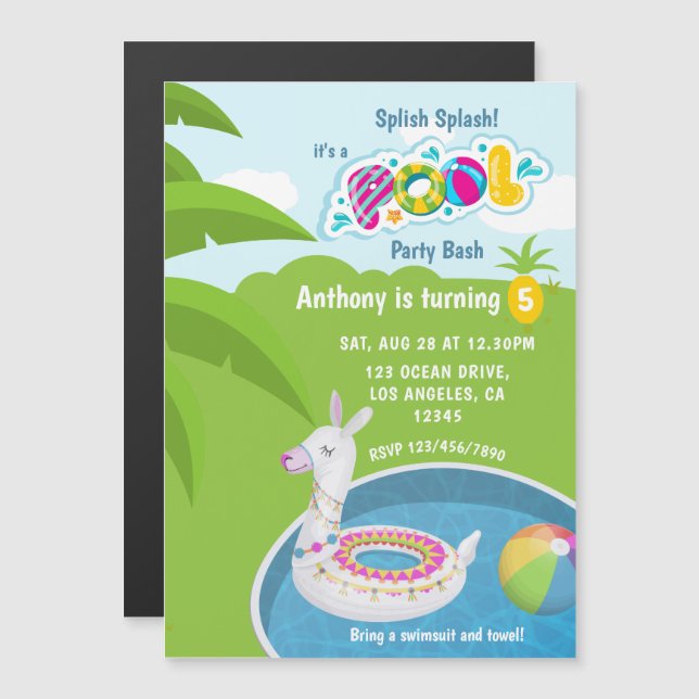 Invitation Magnétique Fête d'anniversaire de piscine Llama Floatie (Devant / Derrière)