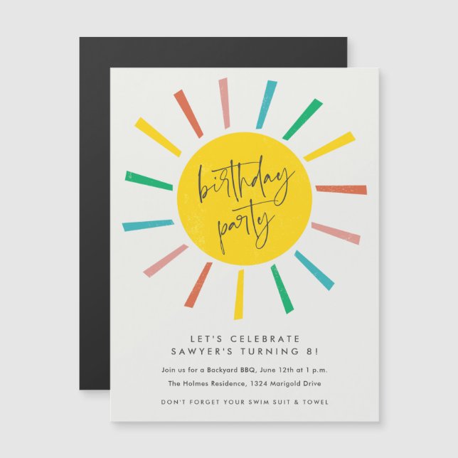 Invitation Magnétique Fête d'anniversaire enfants scénario soleil arc-en (Devant / Derrière)