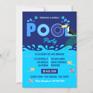 Invitation Magnétique Fête d'anniversaire estivale piscine Bleu Royal