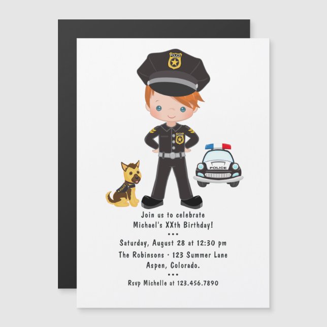 Invitation Magnétique Fête d'anniversaire garçon gingembre thème Police (Devant / Derrière)