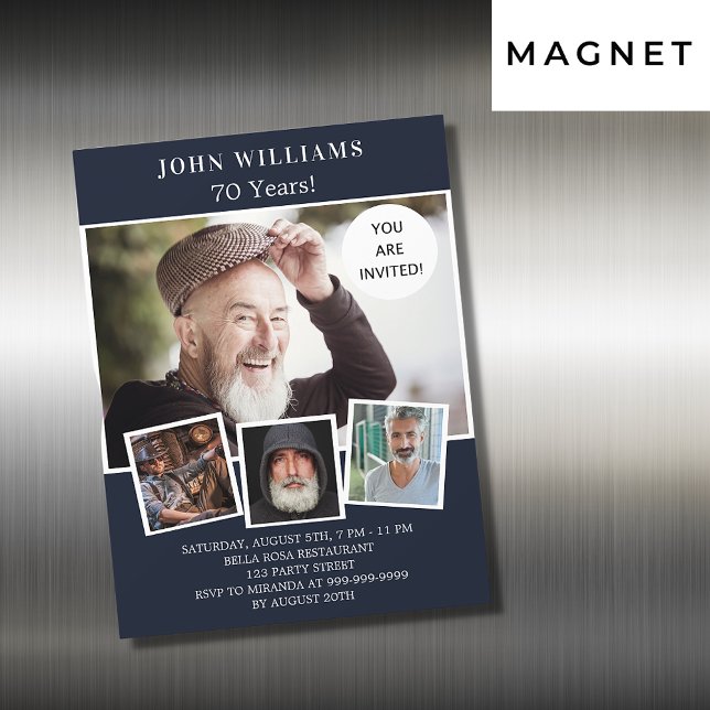 Invitation Magnétique fête d'anniversaire marine bleu photo collage luxe (Créateur téléchargé)