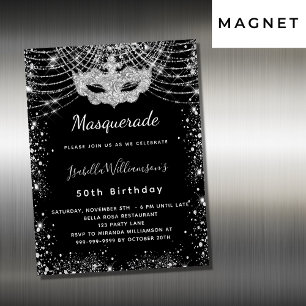Invitation Magnétique Fête d'anniversaire Masquerade en argent noir