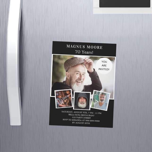Invitation Magnétique fête d'anniversaire noir blanc photo collage luxe (Créateur téléchargé)