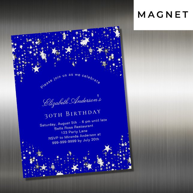 Invitation Magnétique fête d'anniversaire royal bleu étoiles luxe (Créateur téléchargé)