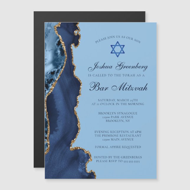 Invitation Magnétique Fête de Bar Mitzvah avec Agate Bleu Or Moderne (Devant / Derrière)