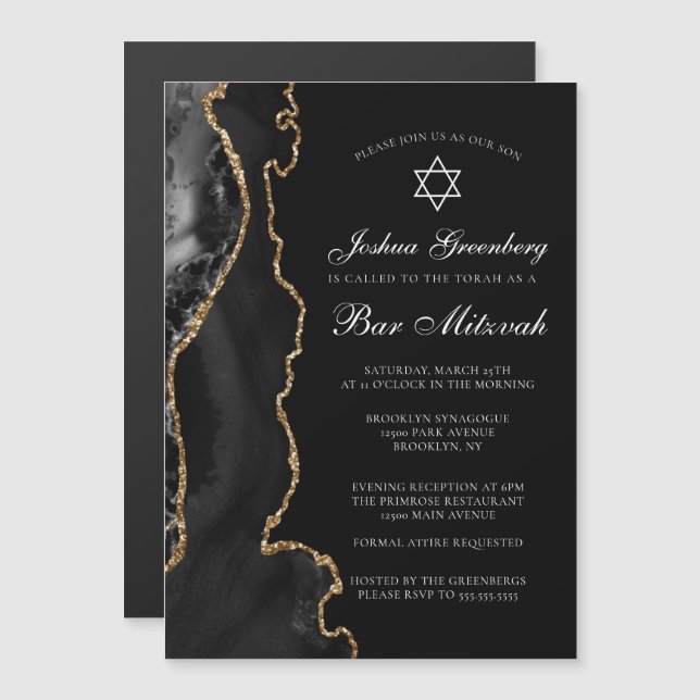 Invitation Magnétique Fête de Bar Mitzvah Chic Black Gold Agate (Devant / Derrière)