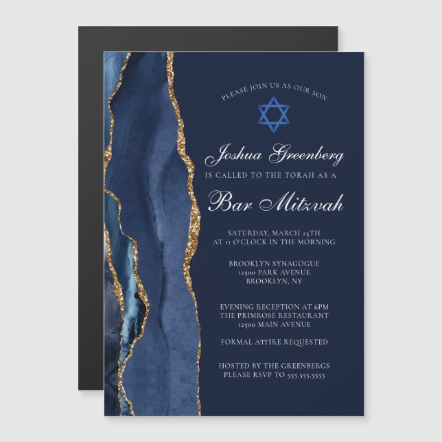Invitation Magnétique Fête de Bar Mitzvah chic bleu foncé or agate (Devant / Derrière)