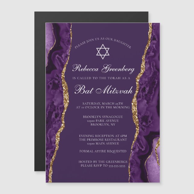 Invitation Magnétique Fête de Bar Mitzvah Chic Purple Gold Agate (Devant / Derrière)