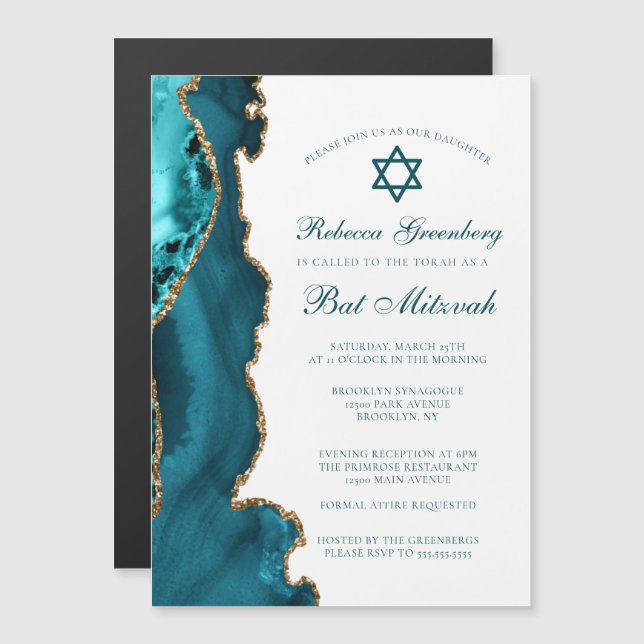 Invitation Magnétique Fête de Bat Mitzvah Chic Turquoise Or Agate (Devant / Derrière)