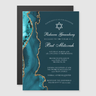 Invitation Magnétique Fête de Bat Mitzvah élégante sarcelle et or Agate