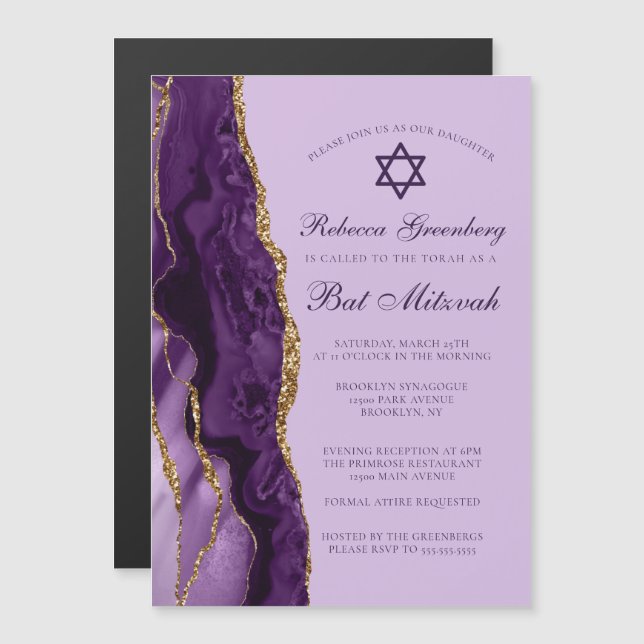 Invitation Magnétique Fête de Bat Mitzvah Paillettes Or Violet (Devant / Derrière)