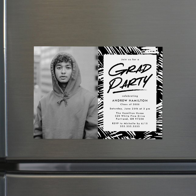 Invitation Magnétique Fête de graduation de la photo moderne en noir poi (Créateur téléchargé)
