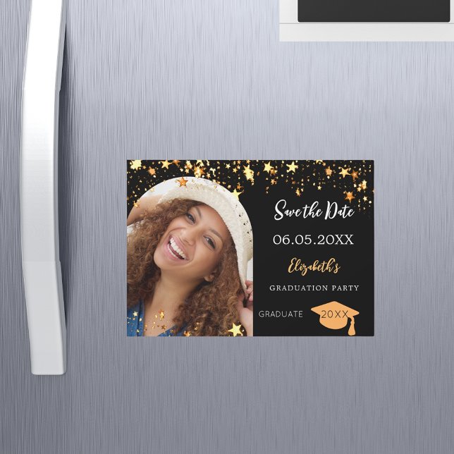 Invitation Magnétique Fête de graduation photo noire Enregistrer la cart (Créateur téléchargé)