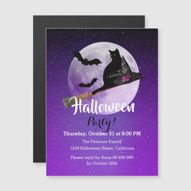 Invitation Magnétique Fête de l'Halloween violette pleine lune (Devant / Derrière)