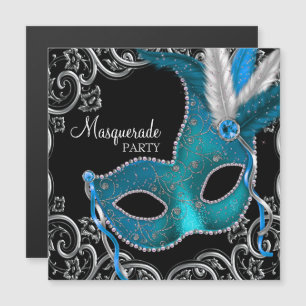 Invitation Magnétique Fête de Mascarade Bleu Turquoise et Noir
