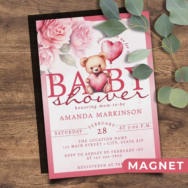 Invitation Magnétique Fête de naissance ourson de la Saint-Valentin aqua (Créateur téléchargé)