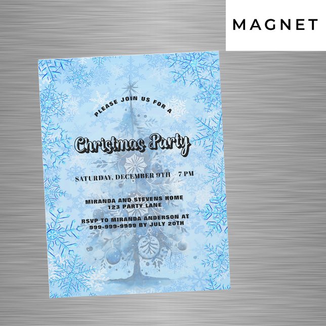 Invitation Magnétique Fête de Noël bleu arbre de neige luxe (Créateur téléchargé)