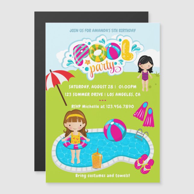 Invitation Magnétique Fête de piscine pour enfants (Devant / Derrière)