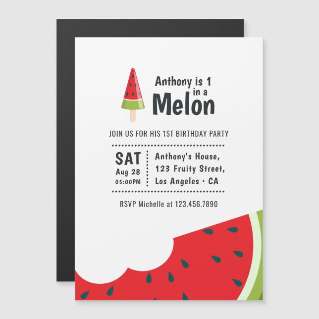Invitation Magnétique Fête de premier anniversaire One in a Melon (Devant / Derrière)