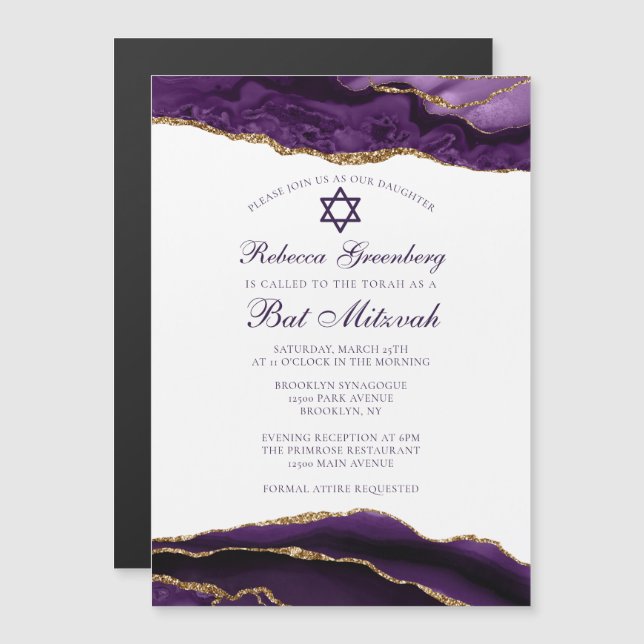 Invitation Magnétique Fête élégante de Bar Mitzvah Purple Gold Glam (Devant / Derrière)