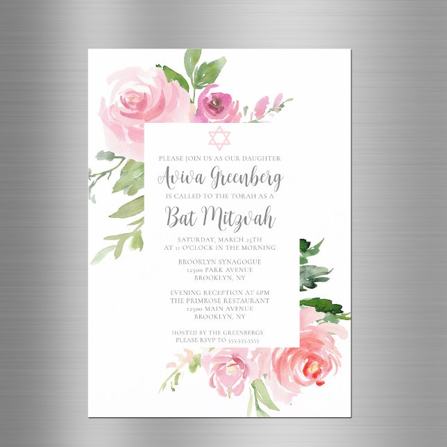 Invitation Magnétique Fête élégante de Bat Mitzvah à fleurs roses aquare (Créateur téléchargé)